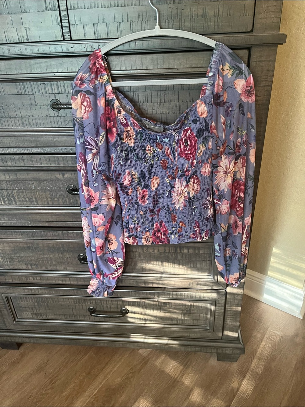 Floral Smocked Long-Sleeve Crop Top - Purple